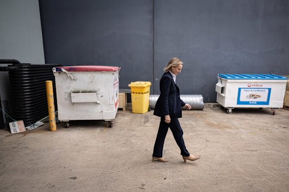 Sussan Ley departs the Marley Flow Control facility in Emu Plains on Monday.