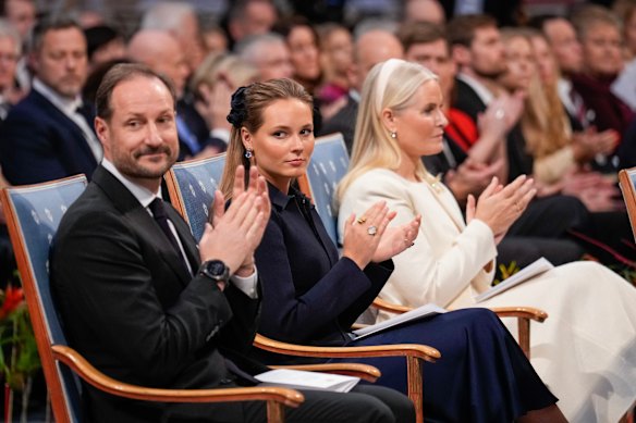 Norway&rsquo;s Crown Prince Haakon, Princess Ingrid Alexandra and Crown Princess Mette-Marit applaud during the Nobel Peace Prize award ceremony, in Oslo last December.