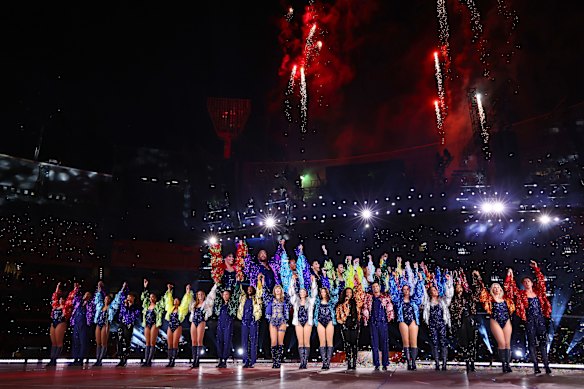 Taylor Swift with her dancers performing at the Eras Tour in Melbourne.