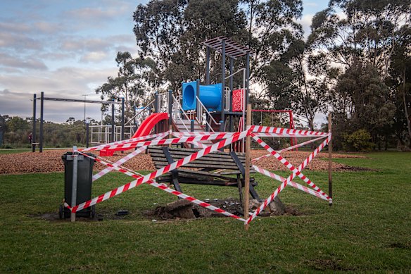 The car ploughed into a bench next to a playground.