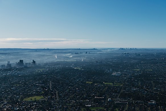 An aerial view towards the Sydney CBD, photographed from Western Sydney. 