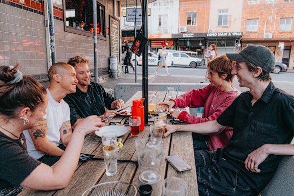 Gemma Kennedy, Michael Mai, Ben Campbell, Elle Avigano and Adam Jones at the Duke of Enmore Pub on Enmore Road, Newtown.