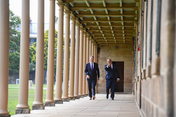 Defence Minister Richard Marles (left) and Assistant Minister for Defence Peter Khalil at Victoria Barracks in Paddington earlier this month.