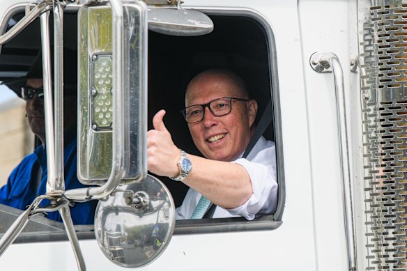 Opposition Leader Peter Dutton arrived to a media opportunity in a fuel tanker on Monday.