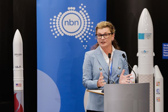 NBN Co CEO Ellie Sweeney at an announcement of a satellite deal with Amazon’s Project Kuiper, at the NBN headquarters in North Sydney on Monday.