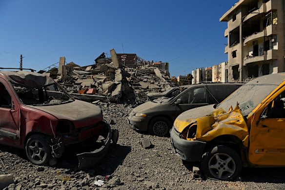 Destroyed residential buildings in the Abbassiyeh District in Tyre where an Israeli airstrike hit. 