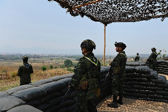  Royal Thai Army soldiers patrol the border with Myanmar on the lookout for people trafficking in 2025.  
