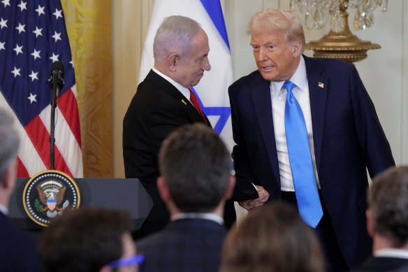 US President Donald Trump (right) and Israeli Prime Minister Benjamin Netanyahu address the media at the White House.