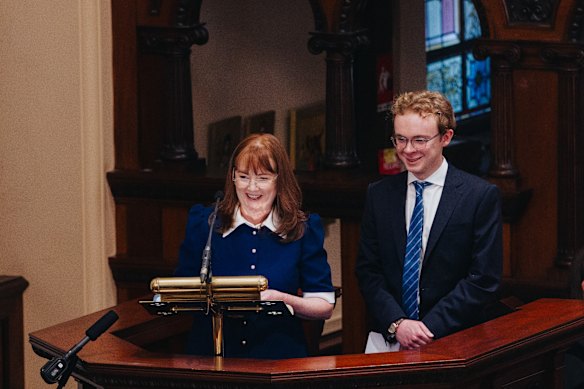 Amanda and son D’Arcy Richardson at the funeral.