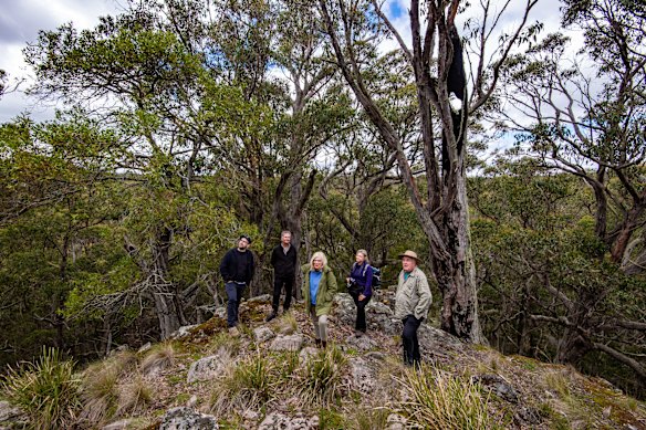 Ben Gill, Trevor Speirs, Gayle Osborne, Sandy Scheltema and Matt Ruchel at an ancient volcanic vent buried deep in Wombat State Forest.