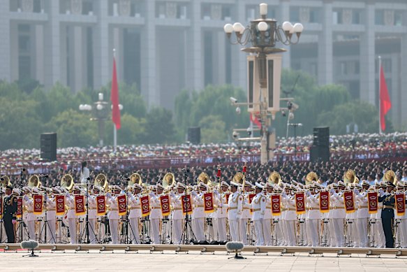 A military band performs before the start of the military parade on Wednesday.