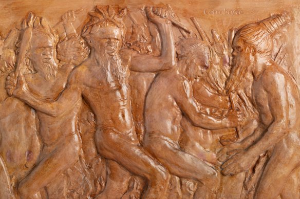 The cast of a corroboree scene composed by Mayo that poses questions about cultural appropriation and authenticity.