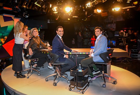 The Project’s hosts Sarah Harris (left), Waleed Aly and Sam Taunton in Ten’s Melbourne studios.
