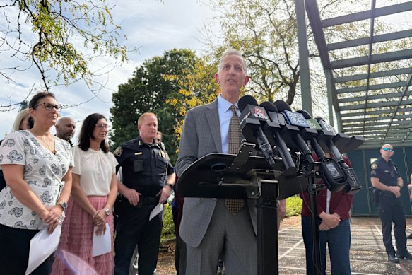 Portland Mayor Keith Wilson speaks at a news conference on Saturday (US time).
