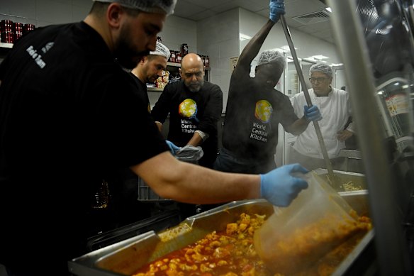 World Central Kitchen chefs are preparing thousands of hot meals such as rice, beans, beef, chicken and vegetable stew.