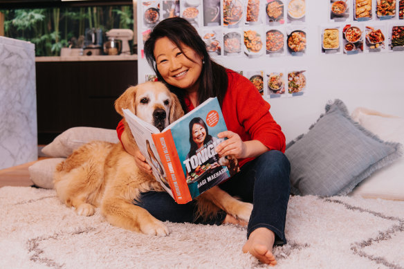 Nagi Maehashi with her dog Dozer and new book Tonight, which will be out on October 15.