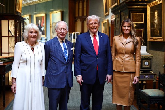 U.S. President Donald Trump and first lady Melania Trump pose with King Charles and Queen Camilla as they bid their farewells at Windsor Castle during a state visit last September.