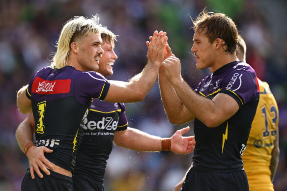 Ryan Papenhuyzen celebrates a try against Parramatta.