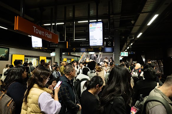 Passengers crowd Town Hall station following the power failure at Strathfield on May 20.