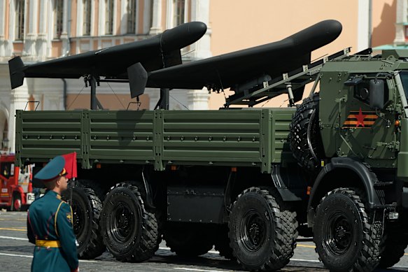 Geran-2 drones on a truck during the Victory Day military parade in Moscow in May.
