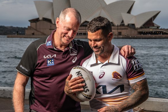 Michael Maguire and Adam Reynolds won a premiership together with South Sydney in 2014. They recreated the picture below for the Herald on Thursday as they look to repeat history, this time with Brisbane.