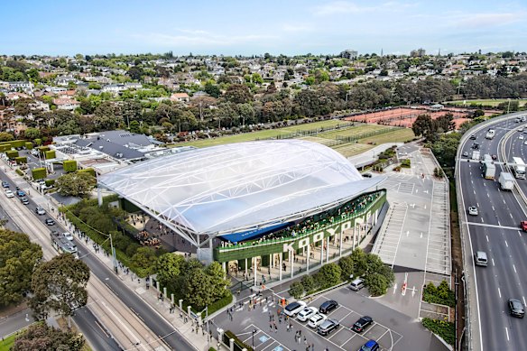 A render of a proposed new roof for Kooyong’s historic stadium.