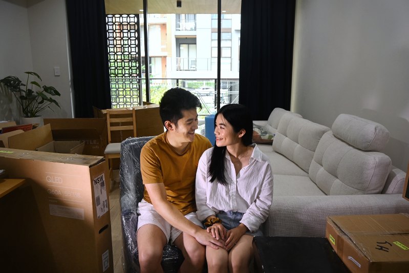 Tristan Chan and Garland Laing are moving out of their rental apartment this week, after purchasing a two-bedroom townhouse in Macquarie Park.