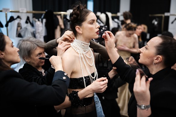 A model poses backstage prior to the Yanina Couture Haute Couture Week Spring/Summer 2026 show as part of Paris Fashion Week on January 27, 2026 in Paris, France. 