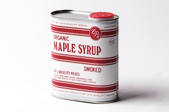 One-litre tin of LP’s Quality Meats Smoked Organic Maple Syrup. 