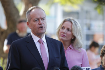 Bill and Chloe Shorten pictured at Moonee Ponds Elementary School after voting in 2019.