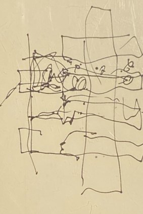 One of Frank Gehry’s early conceptual sketches of what became known as the “paper bag” building.