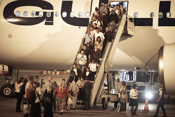 The first group of Bulgarian citizens evacuated from Israel, along with dozens of foreign nationals from Slovenia, the US, Belgium, Albania, Kosovo and Romania, arrive at Vassil Levsky airport in Sofia on Wednesday.