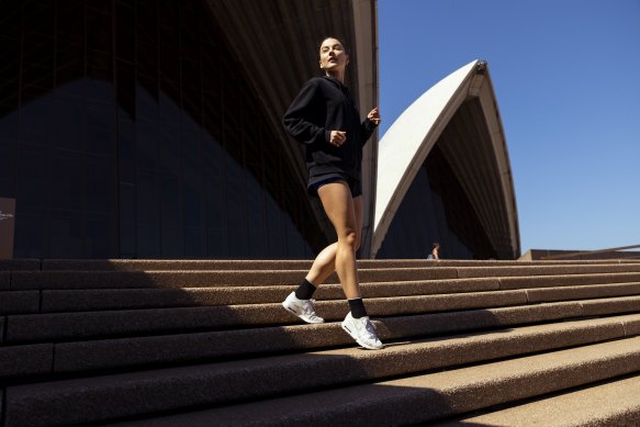 Australian Ballet Principal Artist Benedicte Bemet exercises on the stairs at the Sydney Opera House.