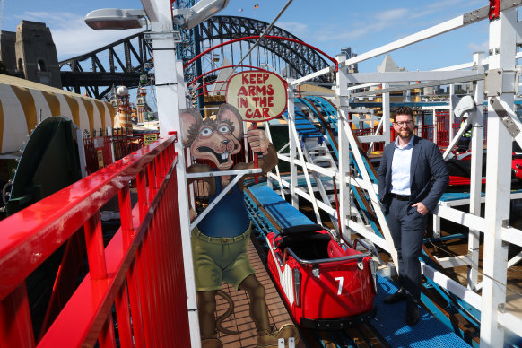 Luna Park chief executive John Hughes at the renovated Wild Mouse rollercoaster.