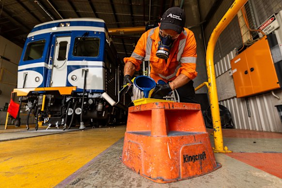 A V-set train is painted in its original “blue goose” livery at Sydney Trains’ maintenance centre in Auburn ahead of the final passenger service on January 30.