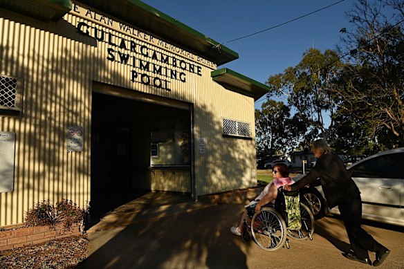 Gordon Newton brings Sue Budworth-West, 70, to the Alan Walker Memorial Baths – Gulargambone Swimming Pool, where she swims with a group of friends most mornings. 