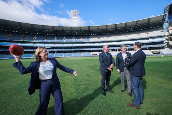 NFL commissioner Roger Goodell (middle right) commended then premier Jacinta Allan (left) for convincing him to hold Australia’s first in-season NFL game in Melbourne.