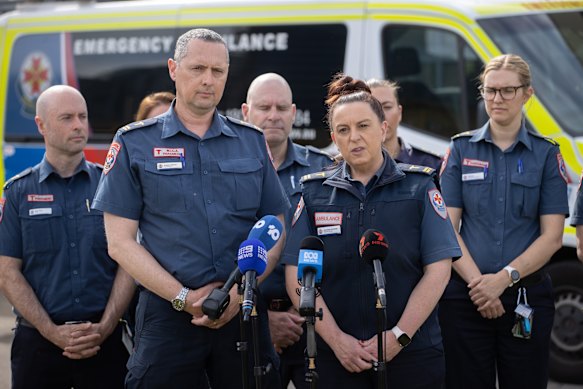 Ambulance Victoria regional directors Andrew Burns and Vanessa Gorman speak to media on Tuesday.