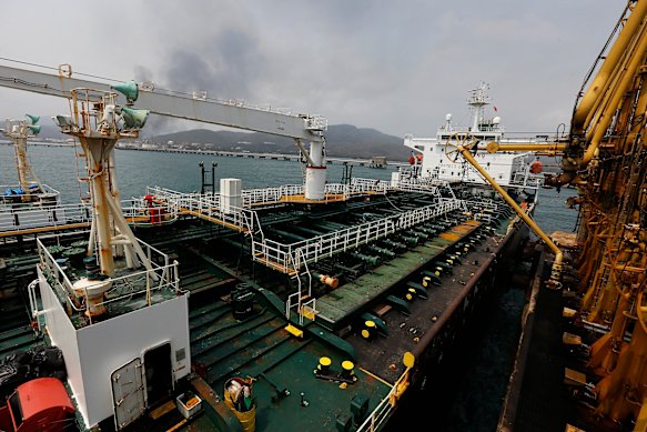 An Iranian oil tanker at anchor near a refinery in Puerto Cabello, Venezuela, before the US began targeting similar vessels.