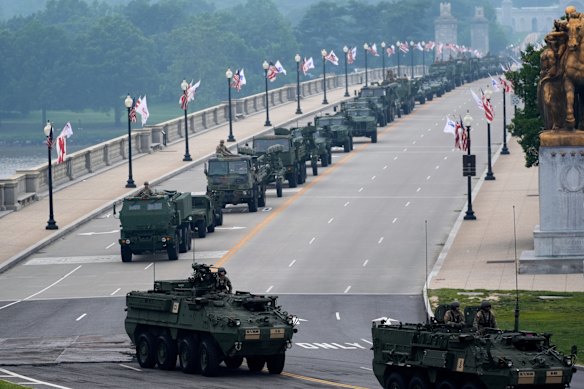 A military parade commemorating the US Army’s 250th anniversary in Washington.