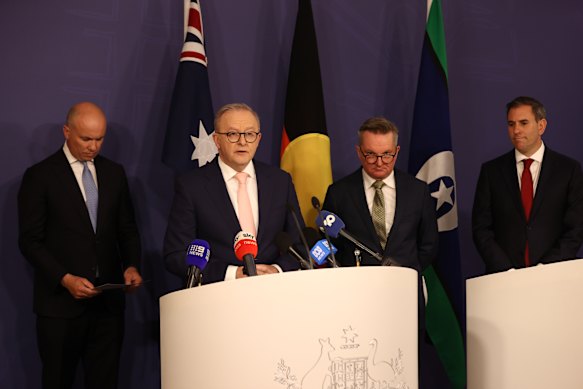 Prime Minister Anthony Albanese unveils the nation’s new emissions targets flanked by the chair of the Climate Change Authority, Matt Kean (left), Minister for Climate Change and Energy Chris Bowen (right) and Treasurer Jim Chalmers (far right).