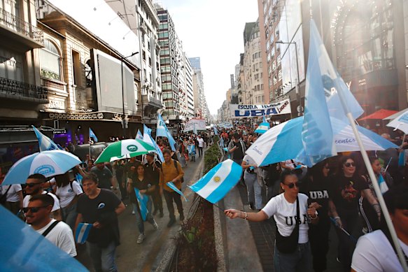 Milei’s policies have sparked protests across the country and sent the peso plunging. 