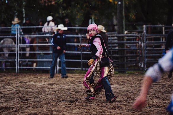 Bella runs to safety after her first ride of the day.