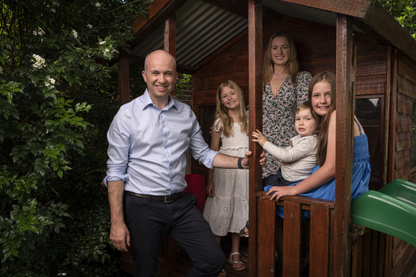 Matt Kean at his home in Pennant Hills with partner Wendy Quinn, their son Tom 3, and her daughters Jasmine 10, and Monique 8.