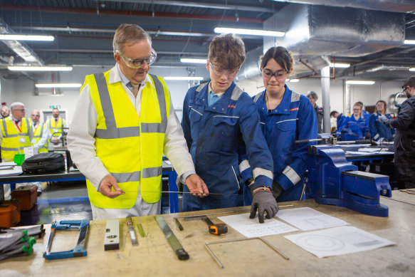 Prime Minister Anthony Albanese tours the BAE Systems shipyard in Barrow-in-Furness, England, in May 2023.