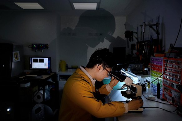 Zhao inspects 3D-printed arteries under a microscope at his University of Sydney lab. 