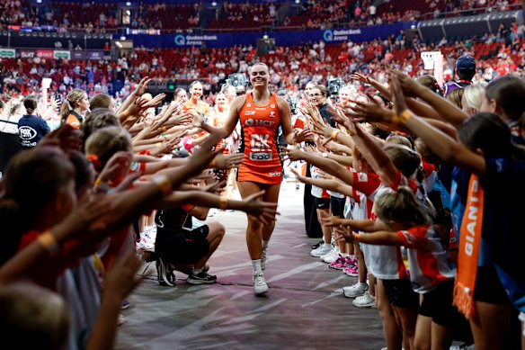 Matilda McDonell of the Giants is given a guard of honour as she leaves the court during the round two Super Netball match between Giants Netball and Melbourne Vixens at Qudos Bank Arena, on March 22, 2026, in Sydney, Australia. 