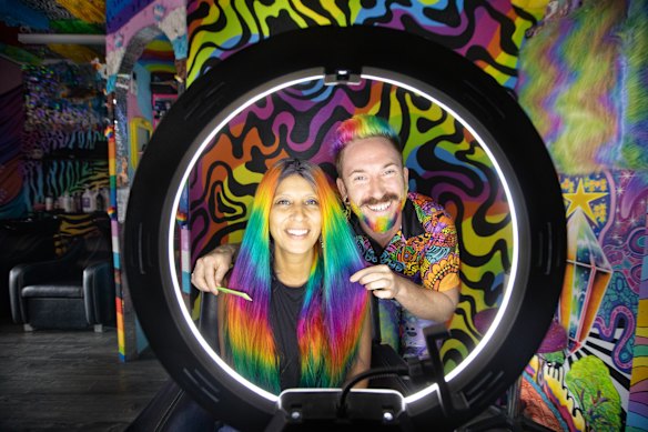 Hairdresser Mykey O’Halloran (right) and customer Sarpa Lui Da Silva at the Unicorn Manes by Mykey salon.