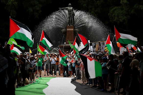 Protesters carry flags and placards during a rally against Israeli President Isaac Herzog’s upcoming Australian visit in Sydney