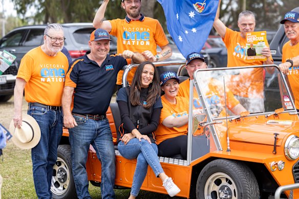 One Nation candidate Darren Hercus  with senior party figures and supporters last Saturday.